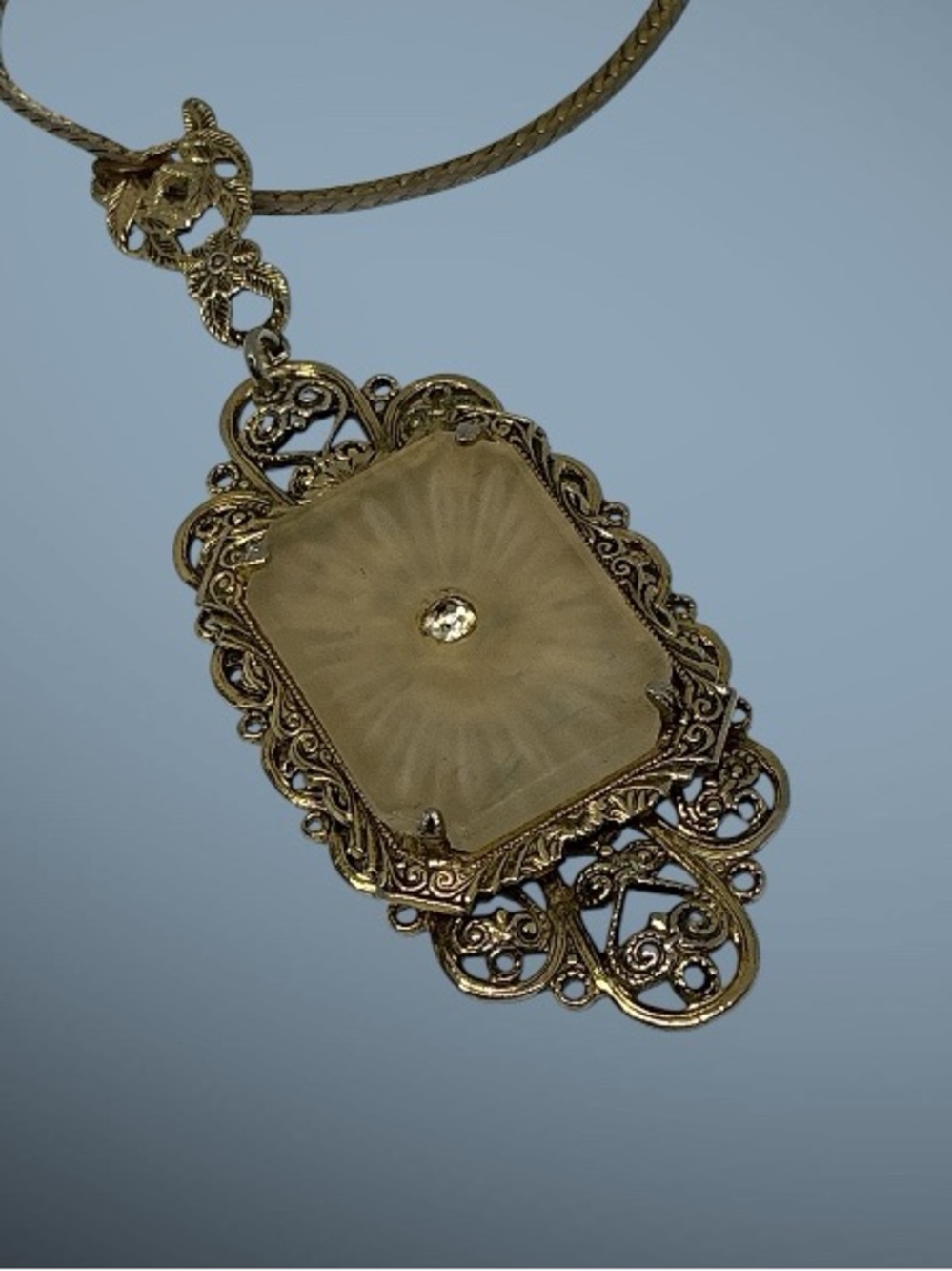 Antique Art Deco Camphor Glass Filigree Pendant Necklace, Sunburst Design, Paste